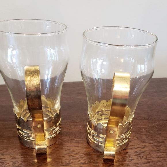 Vintage Glass Mugs with Brass Bands and Handles - Picture 3 of 16